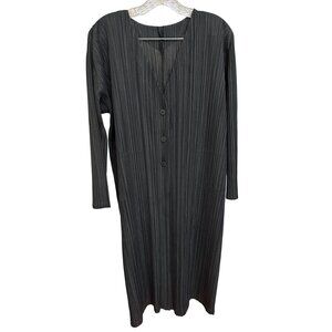 Pleats Please Issey Miyake Black Long-Sleeve Button-Front Pleated Dress Womens S